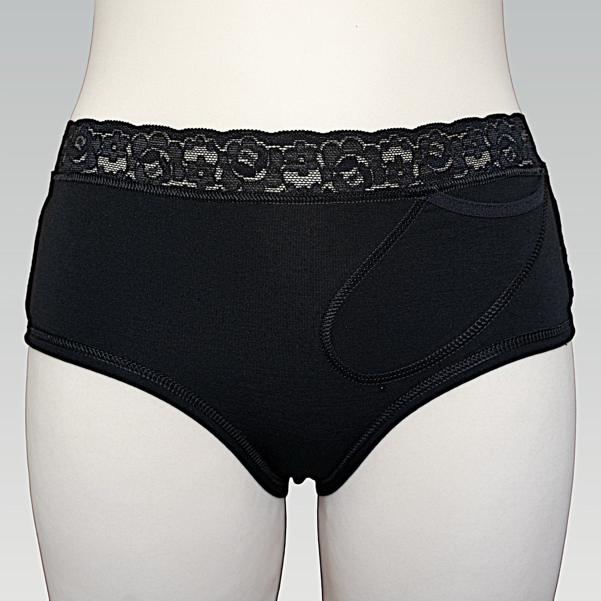 Black Briolette Panty auf links gedreht mit eingenähter Insulinpumpen-Tasche